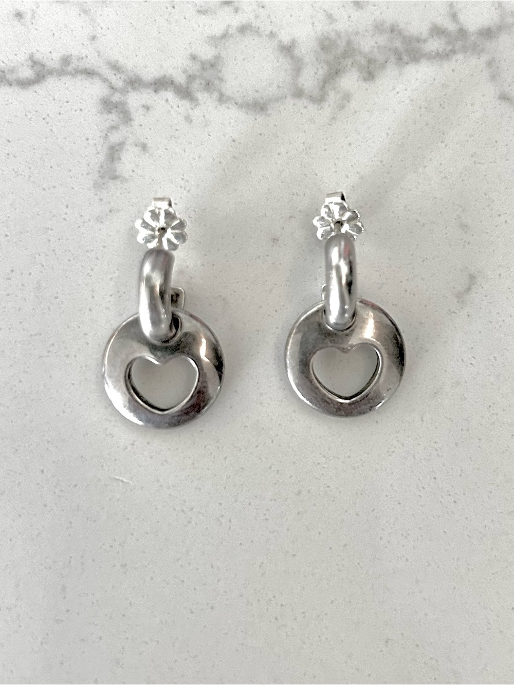 Tiffany & Co. Silver Heart Cutout Hoop Drop Earrings